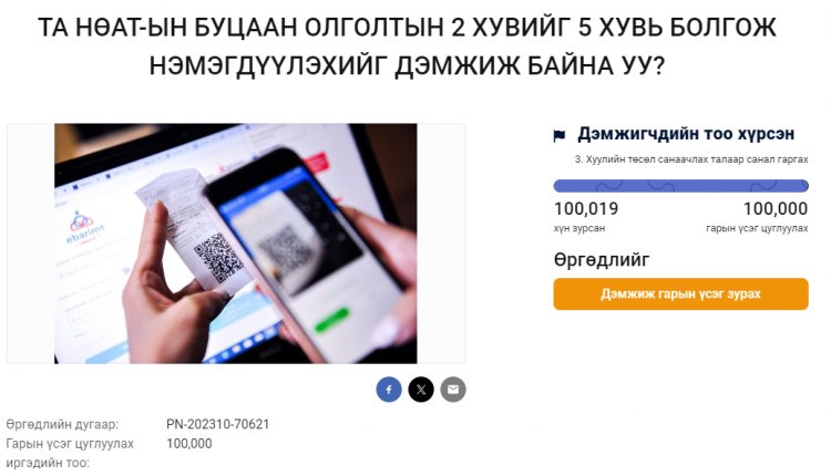 НӨАТ-ын буцаан олголтыг 5 хувь болгох асуулгад санал өгсөн хүний тоо 100,000 хүрлээ